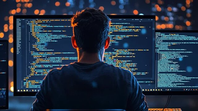 Programmer's Focus: A young programmer intensely focused on multiple computer screens displaying lines of code, in a dimly lit room.  The image evokes a sense of concentration and dedication.