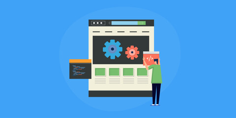 Web development software application code and program test, website function and interface UI concept, Vector banner.
