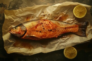 A beautifully roasted fish garnished with lemon slices, showcasing rich colors and appetizing presentation.