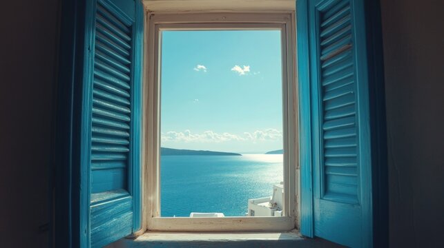 Fototapeta Sunny ocean view seen through open blue shutters.
