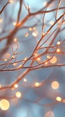 Blurred glowing bokeh lights softly illuminating lush green pine branches creating a cozy and festive holiday ambiance style book illustration