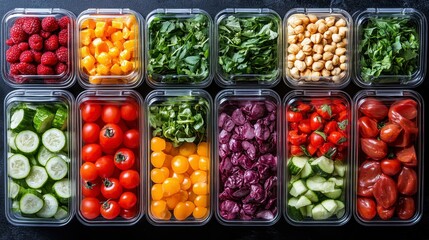 Top view of various fresh vegetables and fruits in clear plastic containers.