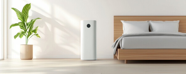 Air purifier for indoor pollution and PM 2.5 concept. Modern bedroom featuring a bed, plant, and air purifier in a minimalist setting