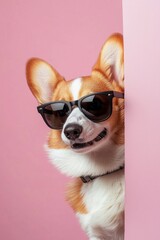 Portrait of a corgi dog wearing sunglasses, peeking out from behind a wall against a pink background.