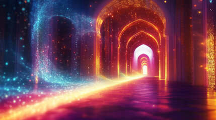 A radiant visual celebrating the divine significance of Isra and Miraj, with dynamic light trails and luminous arches