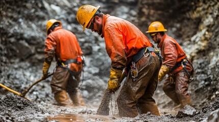 Obraz premium Muddy workers dig, orange suits, hard hats.
