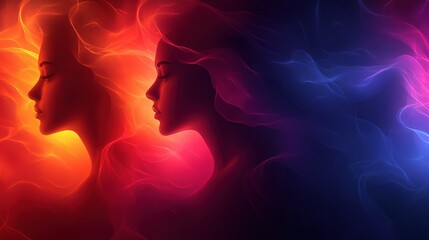 Abstract depiction of two profiles intertwined with vibrant colors and flowing patterns.