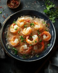 A vibrant bowl of glass noodles with shrimp, garnished with fresh herbs, exuding a delicious and colorful appeal.