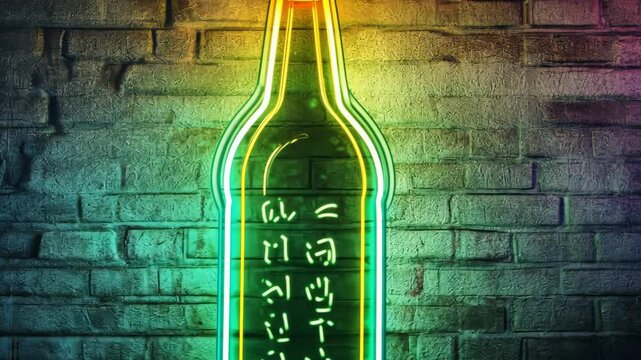Neon bottle with the word "wine" on it. The bottle is lit up and is on a brick wall