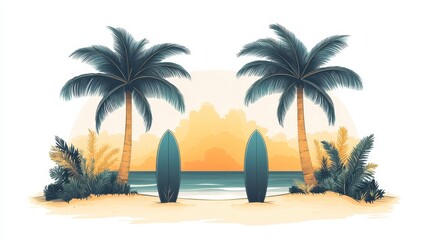 Tropical beach sunset scene with two surfboards leaning against palm trees.
