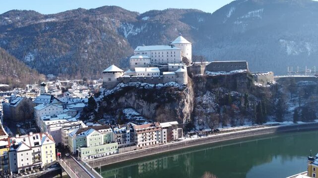 view of the town kufstein with castle in Austria Tyrol with winter landscape 4k	