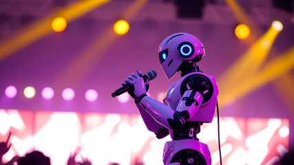 Robot singer singing at the concert, Generative AI