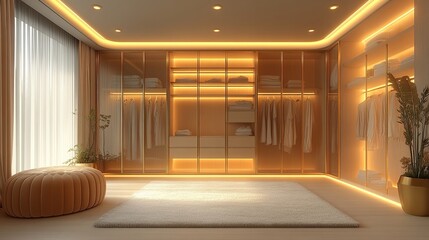 A modern, illuminated walk-in closet with organized clothing and a cozy seating area.