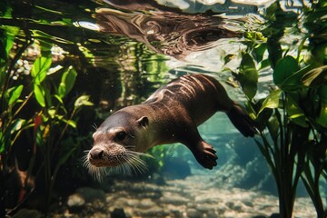 Obraz premium A giant otter swimming playfully in a clear stream, surrounded by lush vegetation.