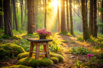 Naklejka premium weathered wooden stool surrounded by vibrant flowers in sunlit forest