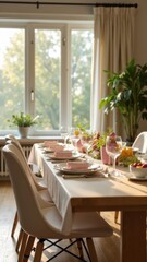 Fototapeta premium Easter table setting decorated with pink and white eggs and roses bouquets