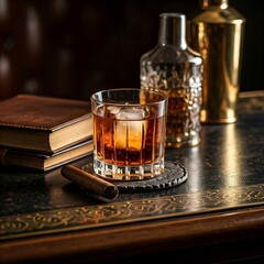A rum cocktail with a cigar and a leather-bound book on a vintage table