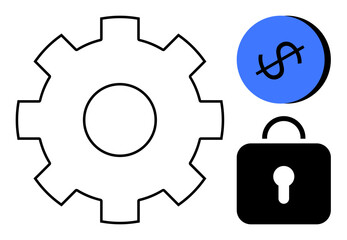 Gear, padlock, and crossed-out dollar sign icons represent security, optimization, and financial limitation. Ideal for themes technology, security, economics, efficiency protection business