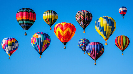 Naklejka premium Colorful hot air balloons floating in clear blue sky, creating joyful scene