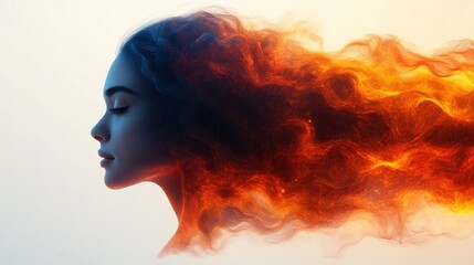 A profile of a woman with fiery, flowing hair, blending beauty and elemental themes.
