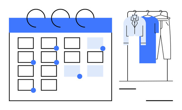 Calendar with appointments, highlighted dates, alongside clothing on rack. Ideal for fashion scheduling, wardrobe planning, personal stylist, event coordination, retail organization, fashion