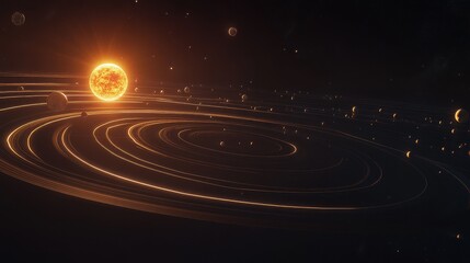 Obraz premium A stunning cosmic scene featuring a glowing sun surrounded by multiple planets and intricate ring systems.