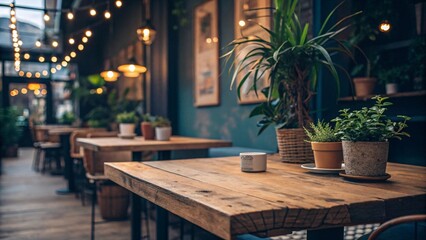 Fototapeta premium Cozy Cafe Interior with Rustic Tables, Plants & Warm Lighting V6