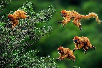 Obraz premium A group of golden lion tamarins leaping among tree branches in the Atlantic Forest.
