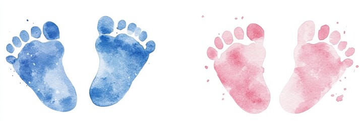 Beautiful blue and pink watercolor baby footprints celebrating the arrival of a newborn boy. Generative AI
