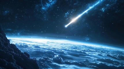 Fototapeta premium A stunning view of a comet streaking through a starry sky above swirling clouds.