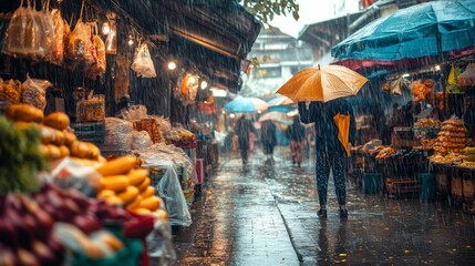 Rainy market scene; person under umbrella.