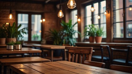 Fototapeta premium Cozy Urban Loft Cafe with Rustic Wooden Tables and Edison Bulbs V3