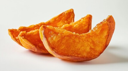 Three vibrant, dried peach slices, showcasing their texture and color against a white background.