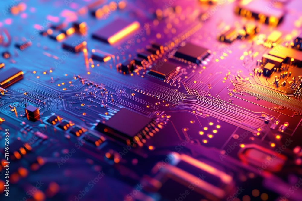 Poster close-up of a colorful circuit board with intricate patterns and glowing components.