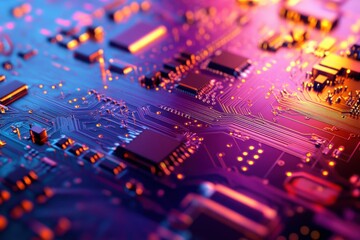 Obraz premium Close-up of a colorful circuit board with intricate patterns and glowing components.