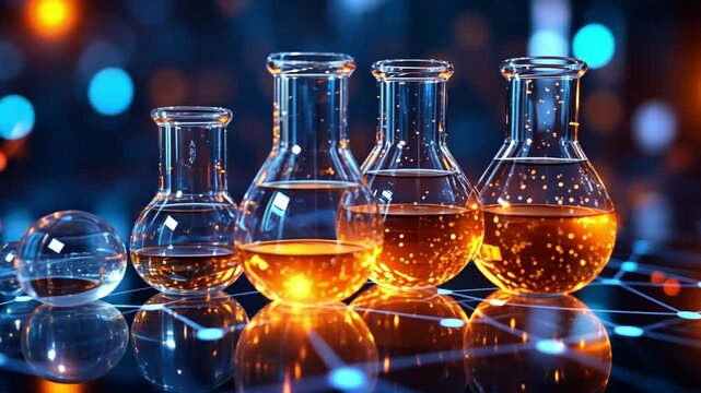 Scientific Discovery: A row of beakers filled with vibrant liquids sits on a futuristic circuit board, illuminated by a warm glow, hinting at groundbreaking research and innovation. 