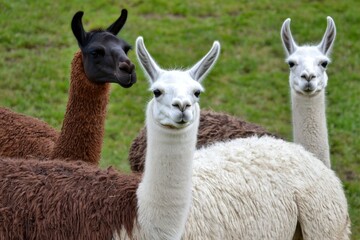 Obraz premium A group of llama grazing peacefully in the high-altitude grasslands of the Andes.