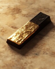 Elegant dark chocolate piece with a gold leaf topping, resting on a textured surface.