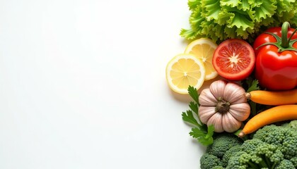 Fresh Vegetables and Fruits on White Background for healthy eating