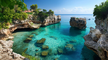 A small inlet with clear turquoise water and rocky cliffs