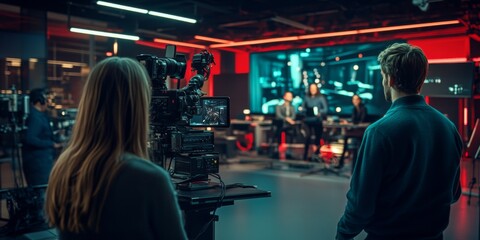 Obraz premium A modern broadcasting studio featuring advanced cameras and bright lighting. Two hosts engage in a discussion while staff operates equipment.