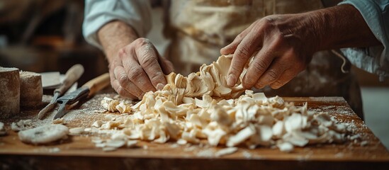 Artisan Craftsman Shaping Dough: A Close-Up of Hands Skillfully Working with Fresh Pasta Dough on a Wooden Table