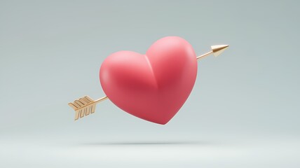 A 3D render of a minimalist Valentine's Day wallpaper. There's a large red heart with a small golden arrow pointing towards the center. The heart is floating in the air above a light gray background. 