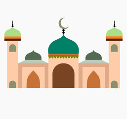 mosque illustration with beige and green color themed with two tower with classic dome is moslem religion prayer building 