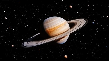 A magnificent view of Saturn surrounded by its moons, set against a starry backdrop.