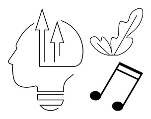 Human head as lightbulb with upward arrows symbolizing ideas, leaf representing nature, and music note for creativity. Ideal for innovation, growth, inspiration, mindfulness, art, nature