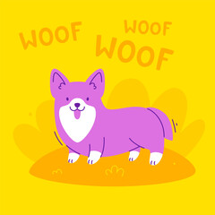 Cute corgi walking and barking outdoors. Cartoon friendly dog walking on the lawn.