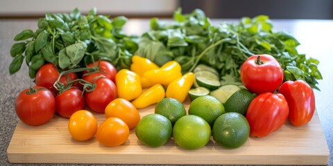 Fresh and colorful variety of vegetables arranged beautifully on a wooden cutting board. Ideal for healthy cooking and meal preparations. Capture the essence of vibrant, organic produce. AI