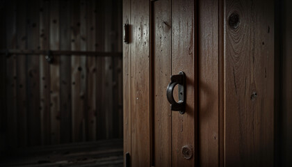Fototapeta premium Wooden door handle on rustic wooden background
