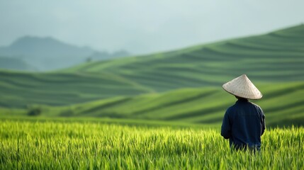 Regenerative agriculture practices by a farmer in lush rice fields scenic landscape tranquil environment nature's harmony